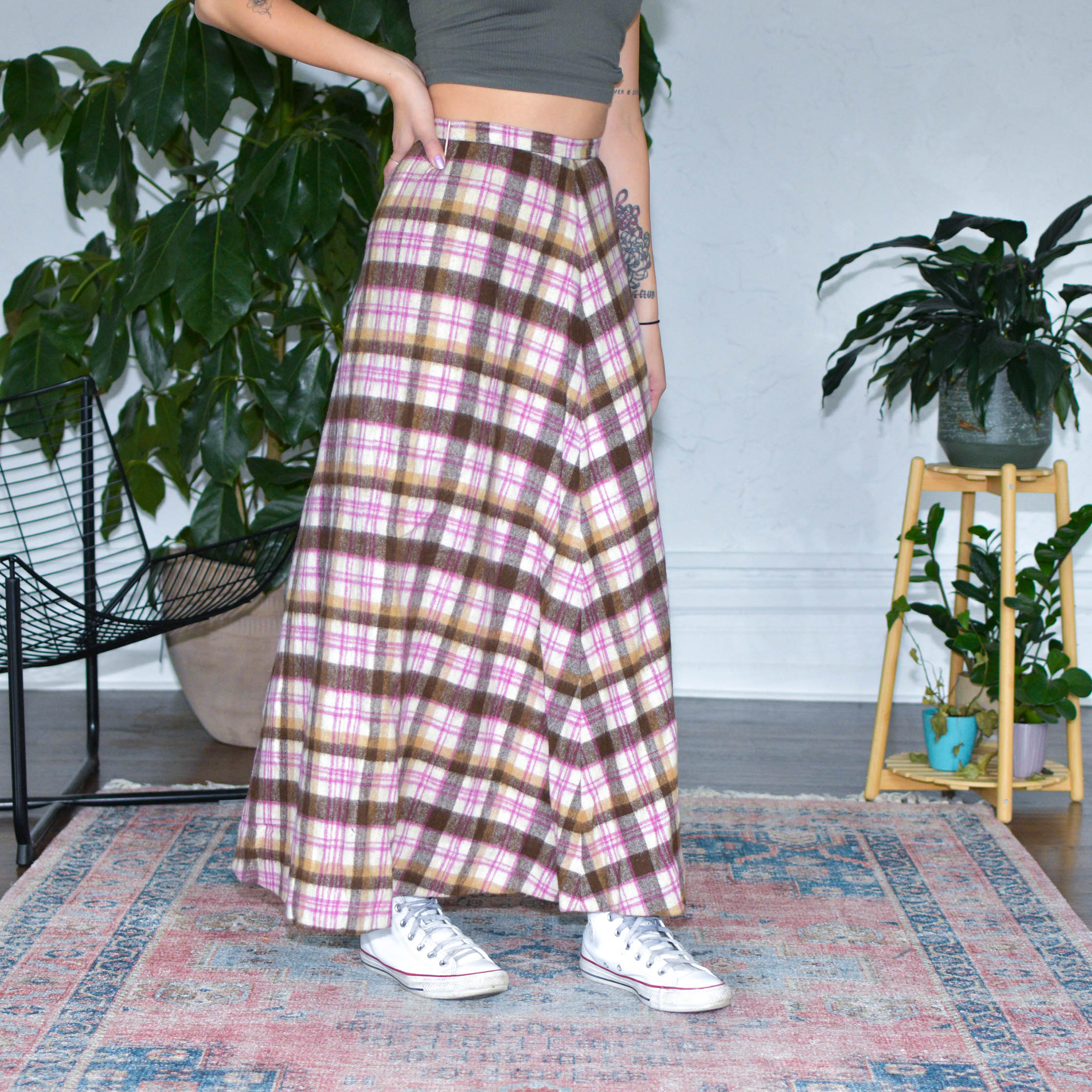 Vintage Pink Plaid Maxi Skirt