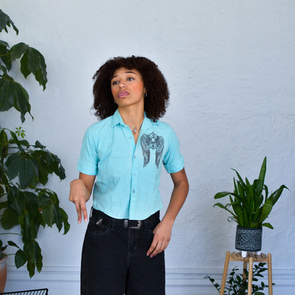 Y2K Winged Jaguars Pinstriped Button-up