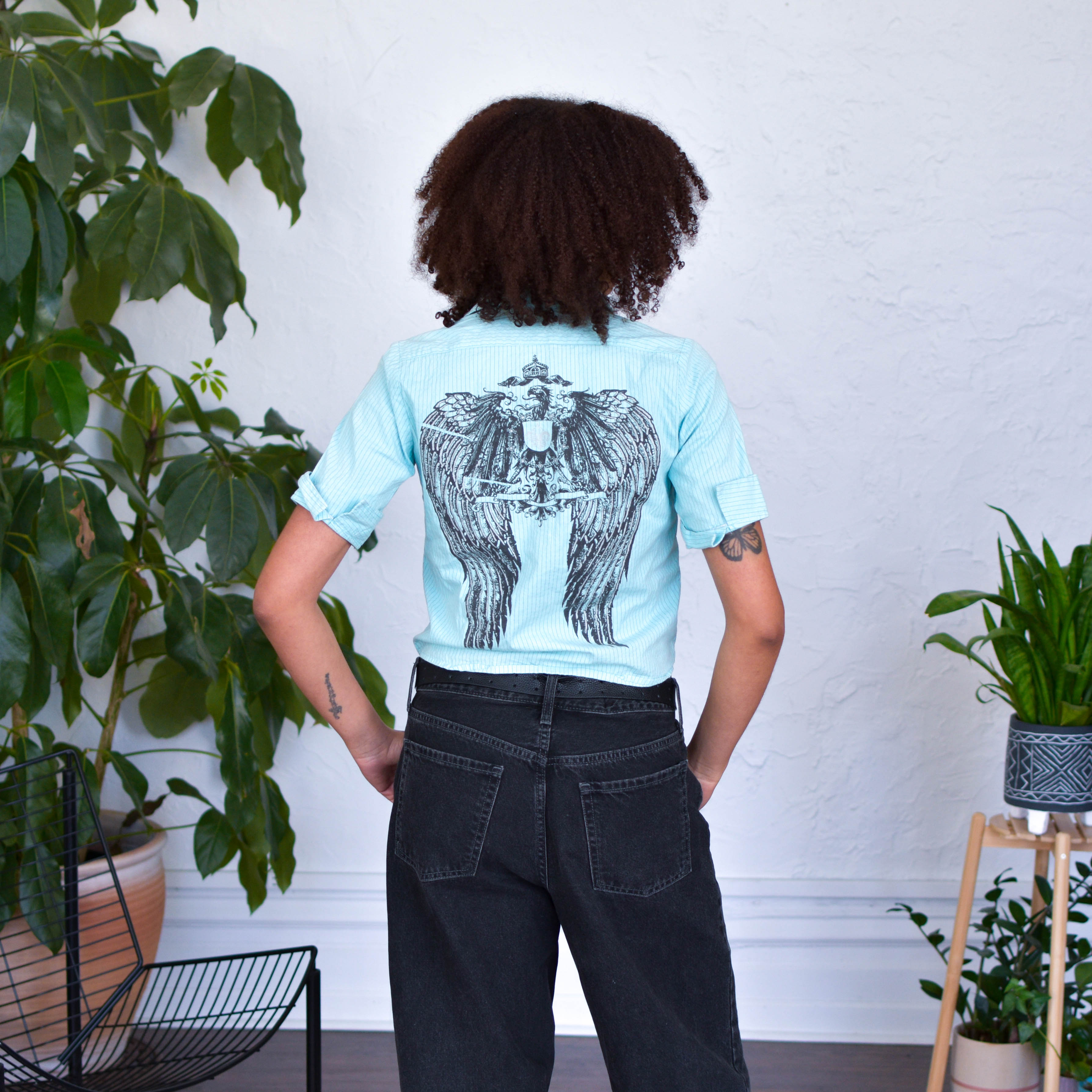 Y2K Winged Jaguars Pinstriped Button-up