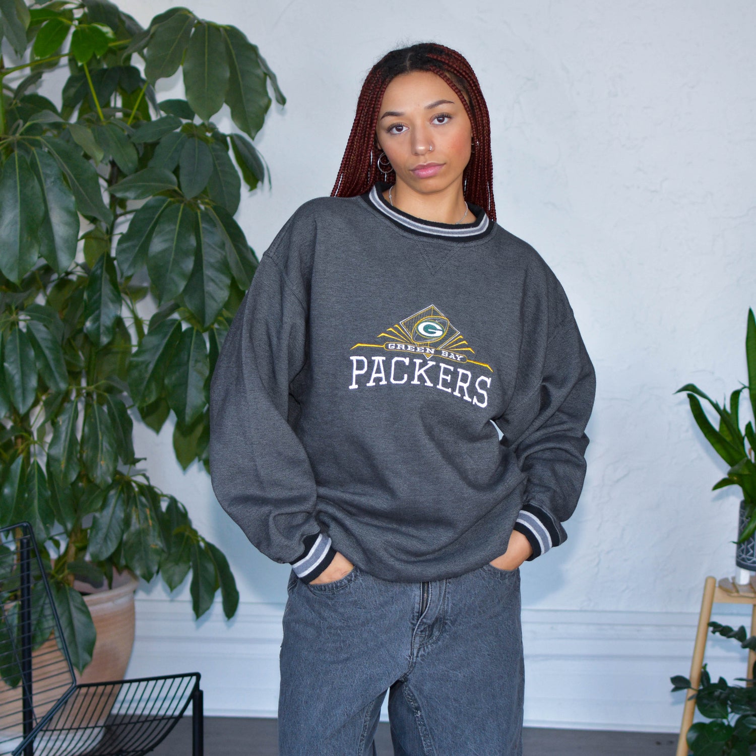 Vintage 90s Green Bay Packers Embroidered Gray Crewneck