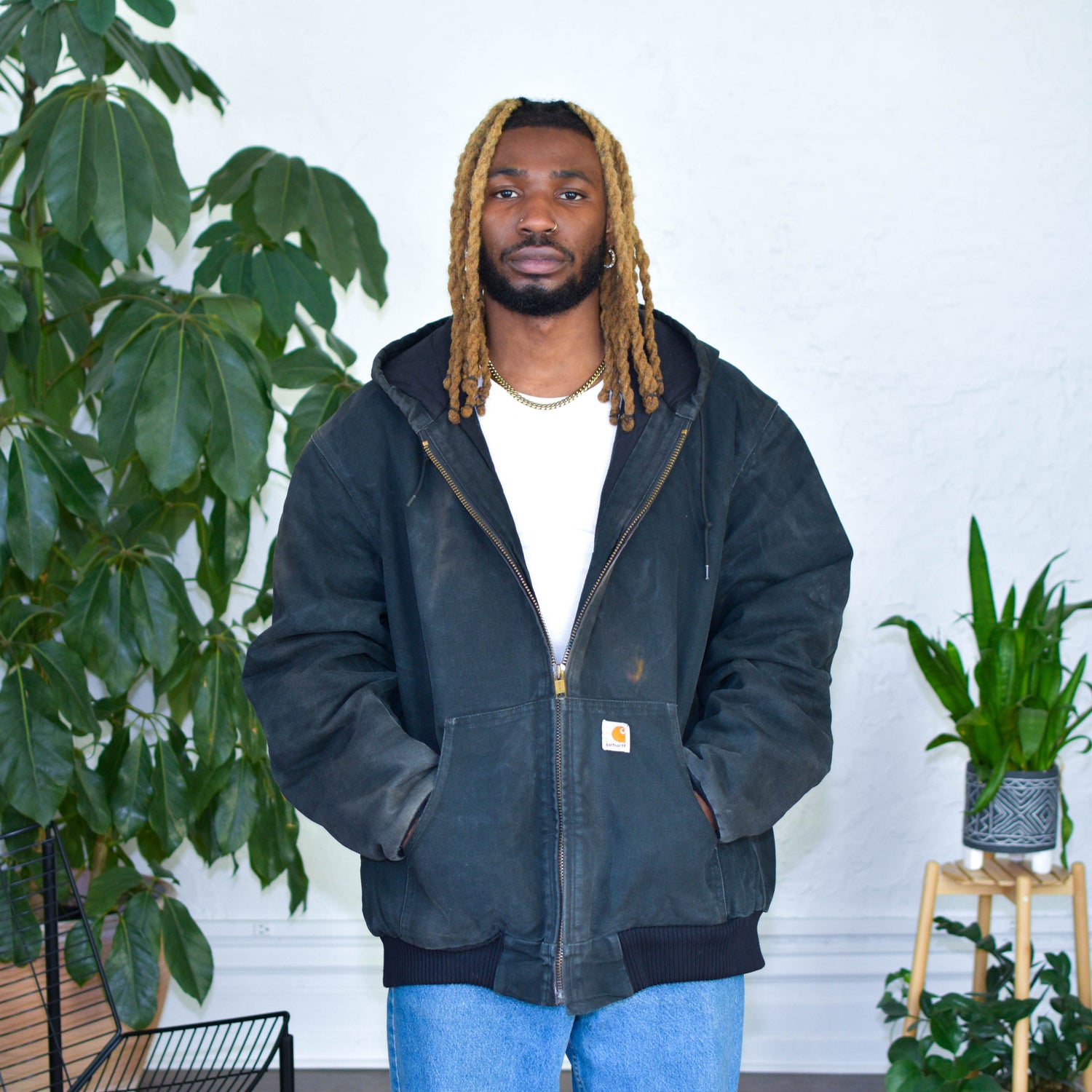 Vintage Distressed Carhartt Black Quilted Hooded Jacket