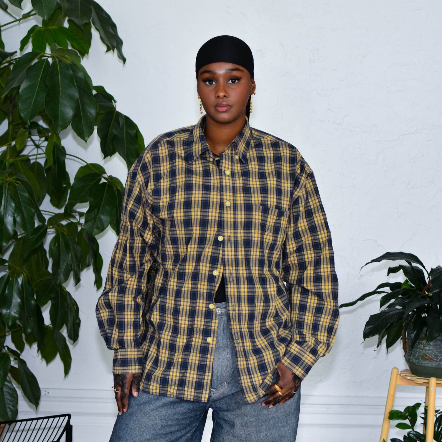 Vintage Blue &amp; Yellow Plaid Lightweight Button Up