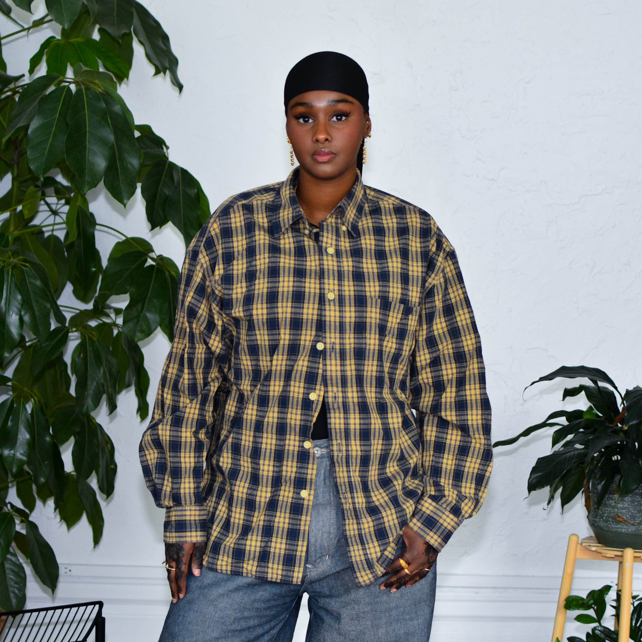 Vintage Blue &amp; Yellow Plaid Lightweight Button Up