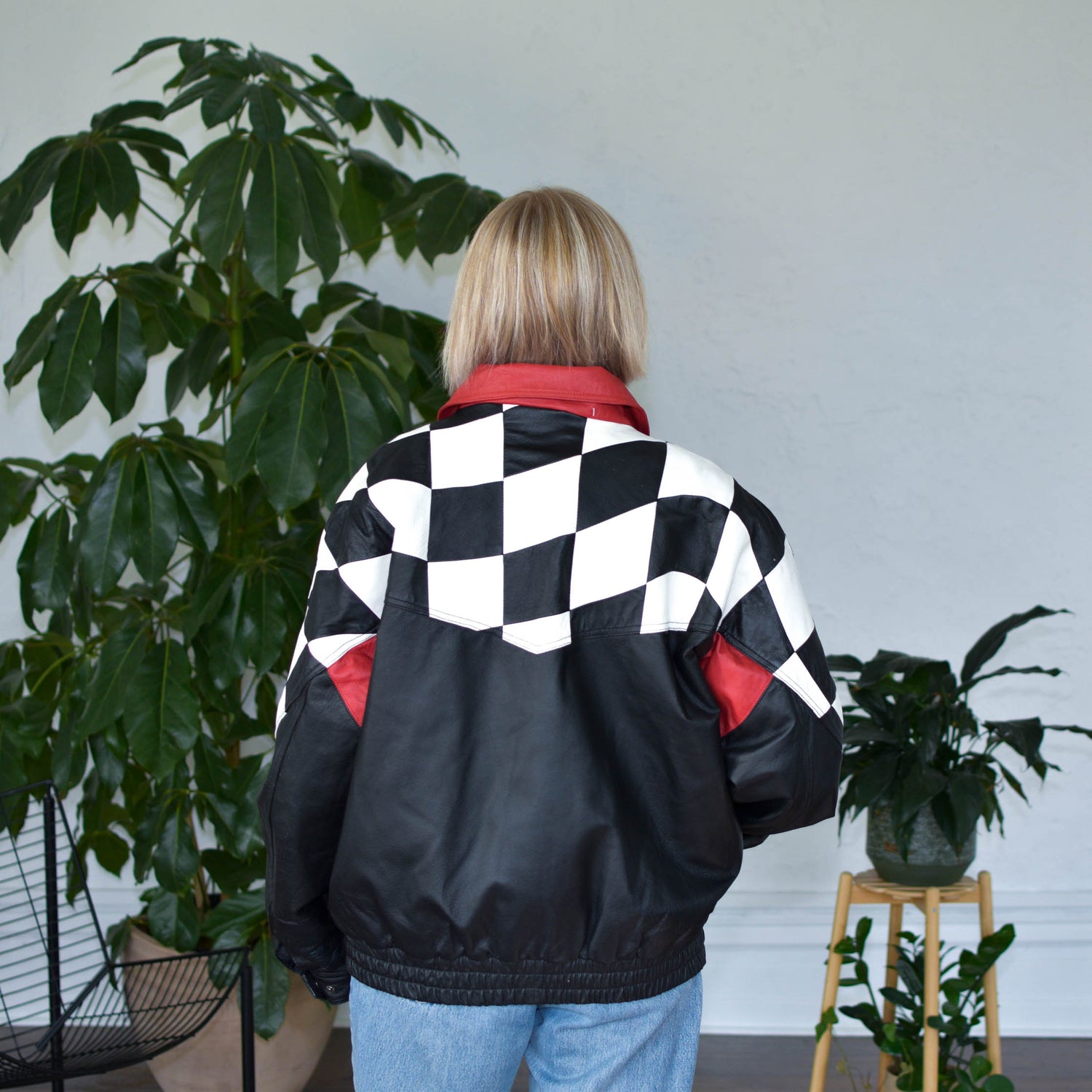 Vintage 90s Burk’s Bay Checkered Flag NASCAR Leather Jacket