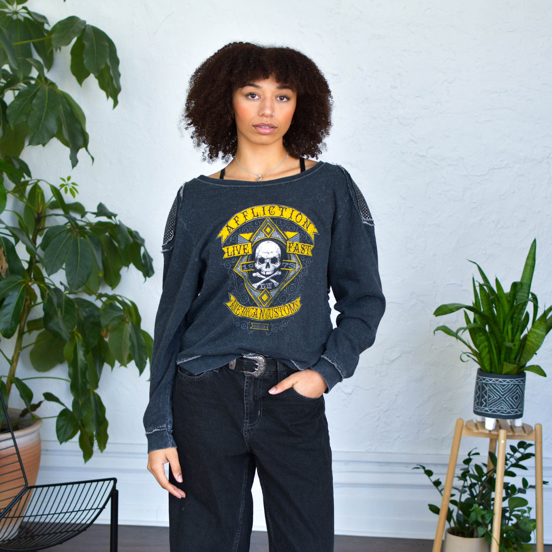 Y2K Affliction Distressed Sheer Crewneck