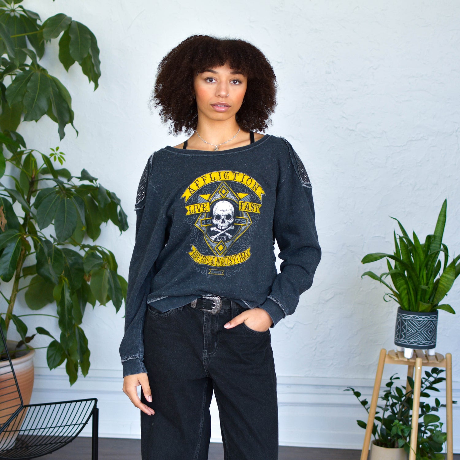 Y2K Affliction Distressed Sheer Crewneck