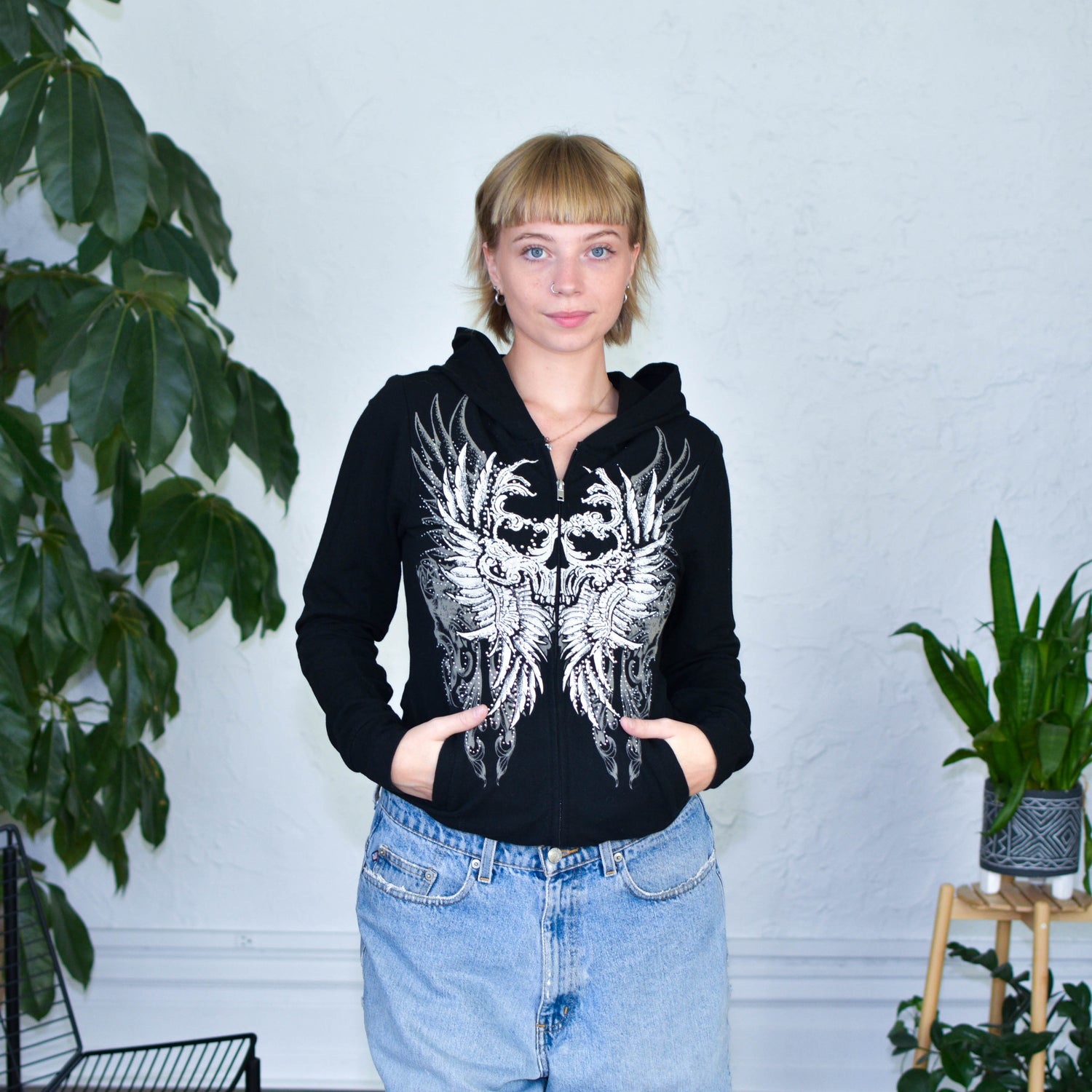 Y2k Los Angeles Bus Stop Bedazzled Skull Hoodie