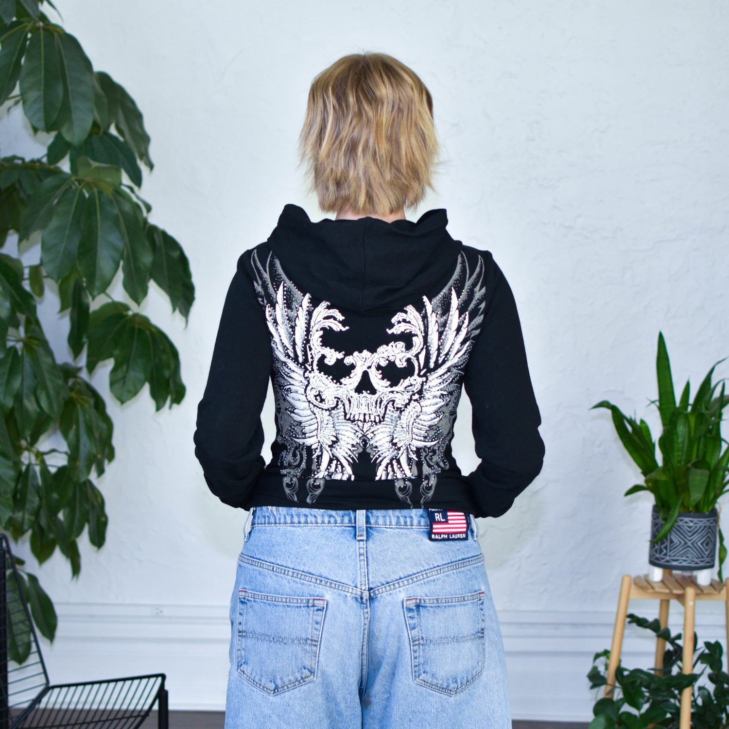 Y2k Los Angeles Bus Stop Bedazzled Skull Hoodie