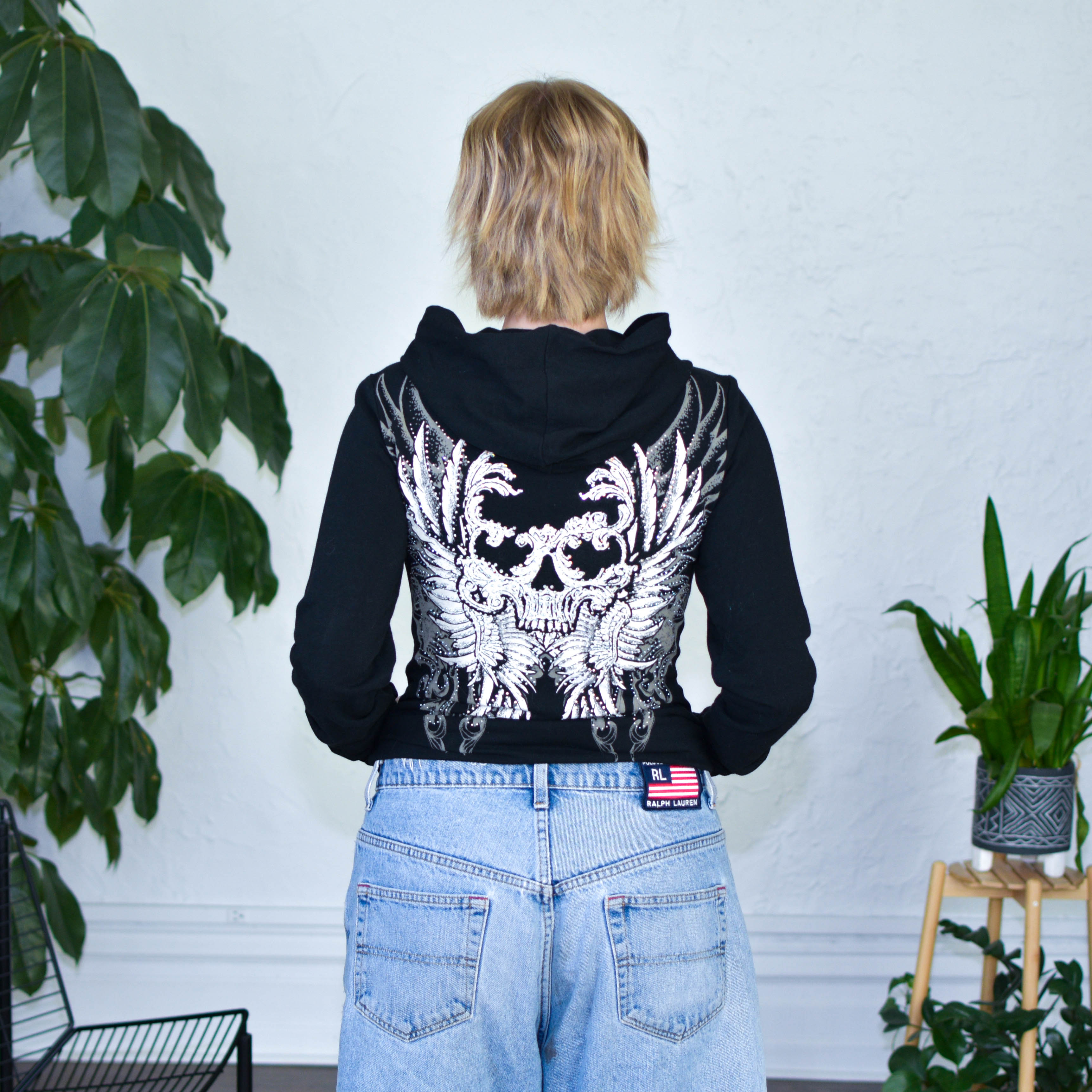 Y2k Los Angeles Bus Stop Bedazzled Skull Hoodie