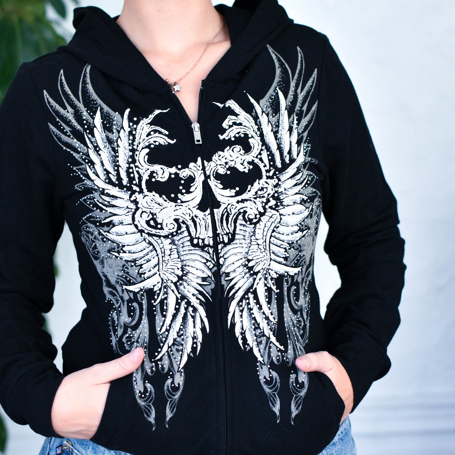 Y2k Los Angeles Bus Stop Bedazzled Skull Hoodie