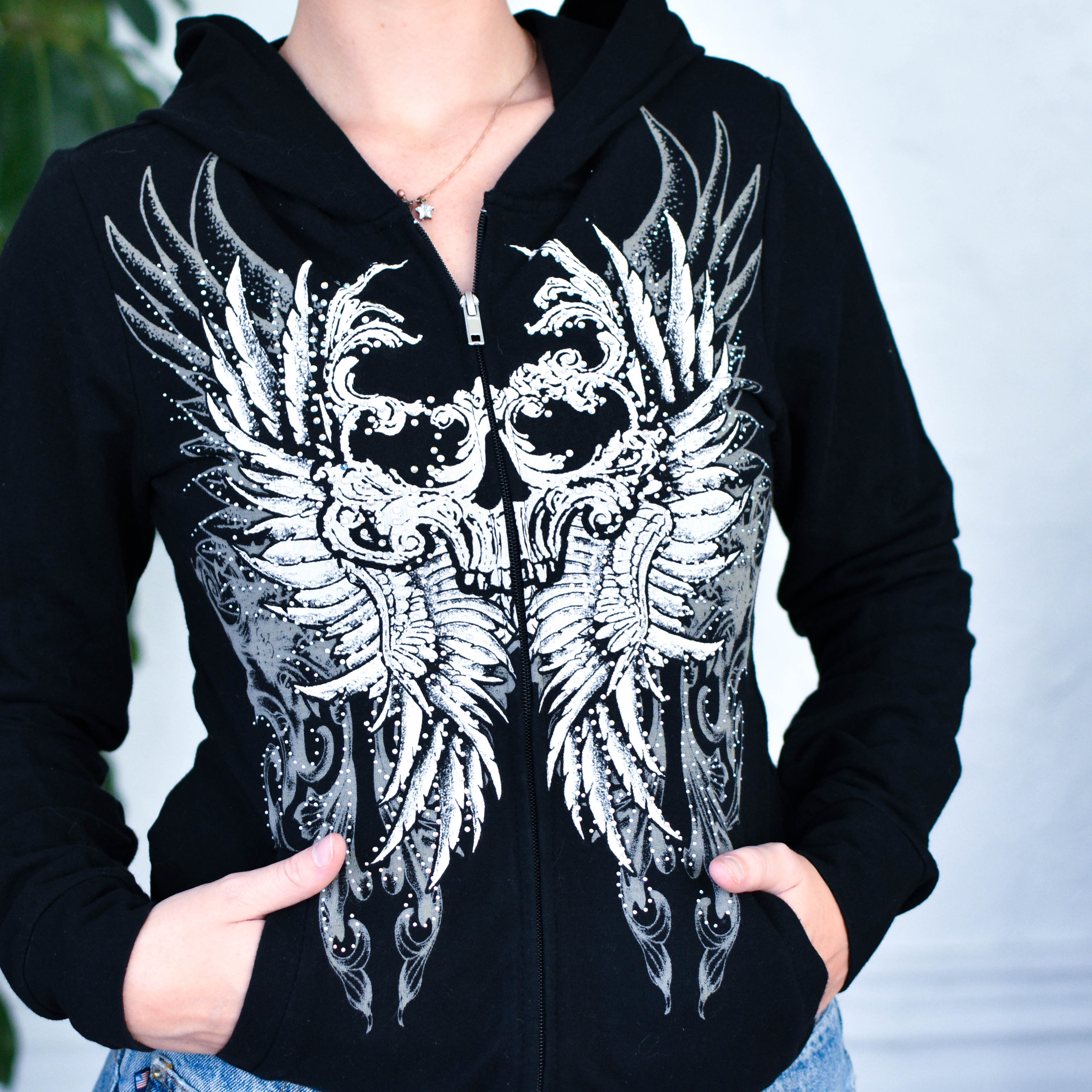 Y2k Los Angeles Bus Stop Bedazzled Skull Hoodie