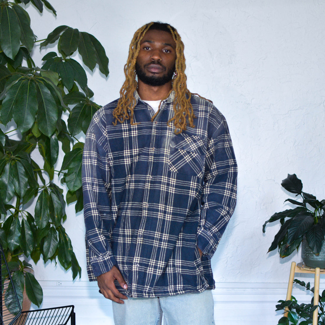 Vintage Quilted &amp; Distressed Navy Flannel Jacket