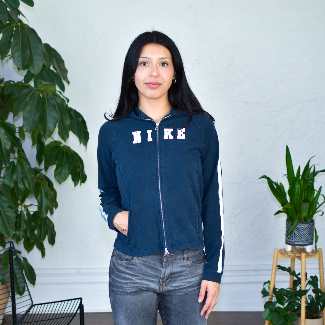 Y2K Nike Navy Striped Long-Sleeve Hoodie