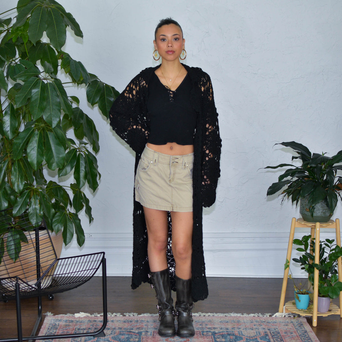 Vintage Black Femme Long Crochet Cardigan