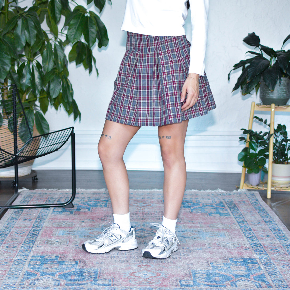 Vintage Maroon and Gray Plaid Midi Schoolgirl Skirt