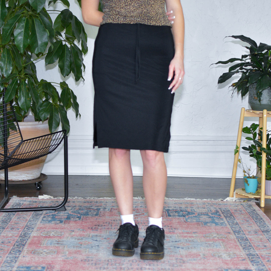 Vintage Tie Waist Black Midi Skirt