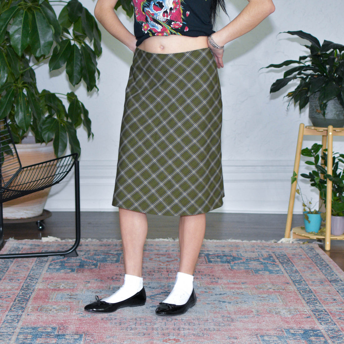 Vintage Green Plaid Midi Skirt
