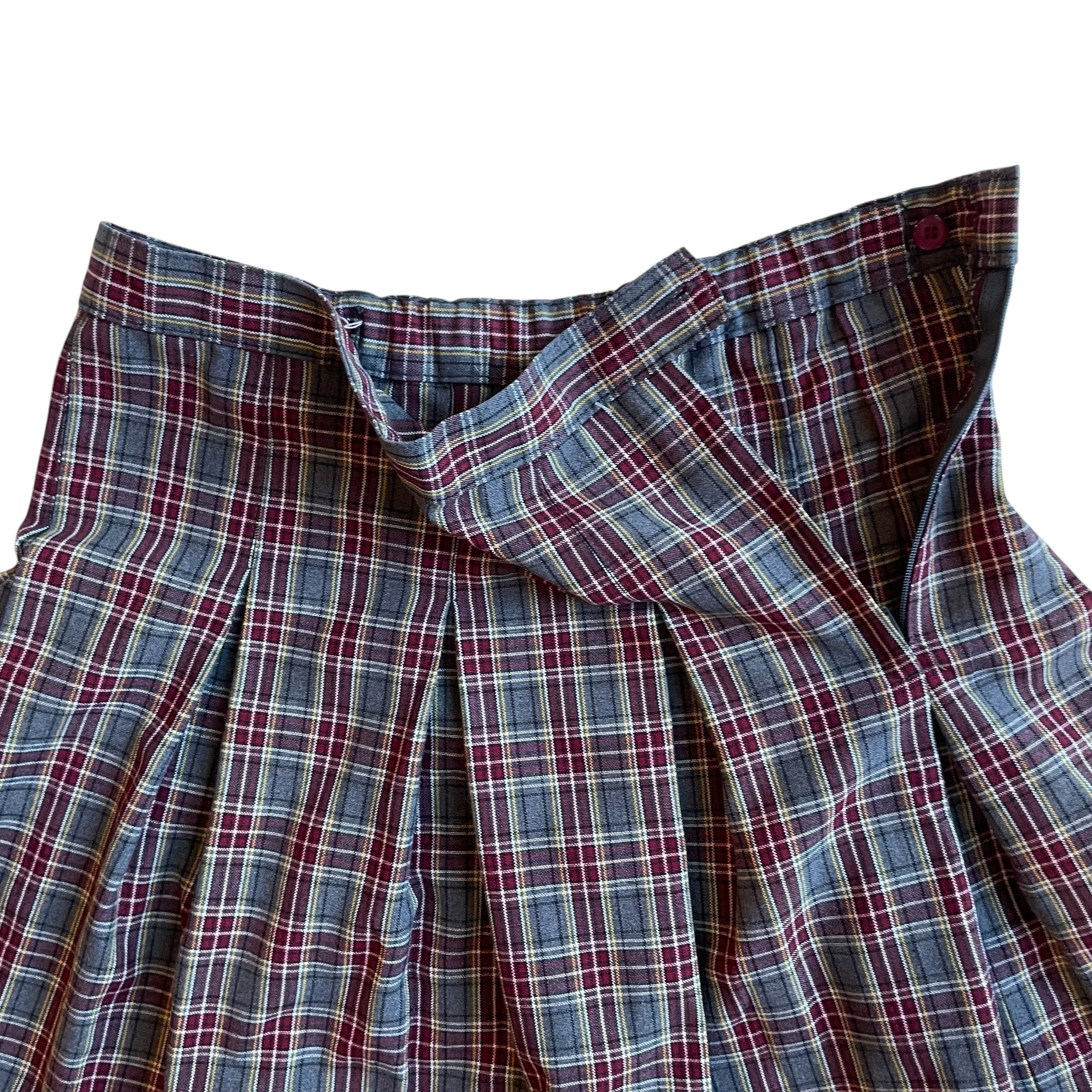 Vintage Maroon and Gray Plaid Midi Schoolgirl Skirt