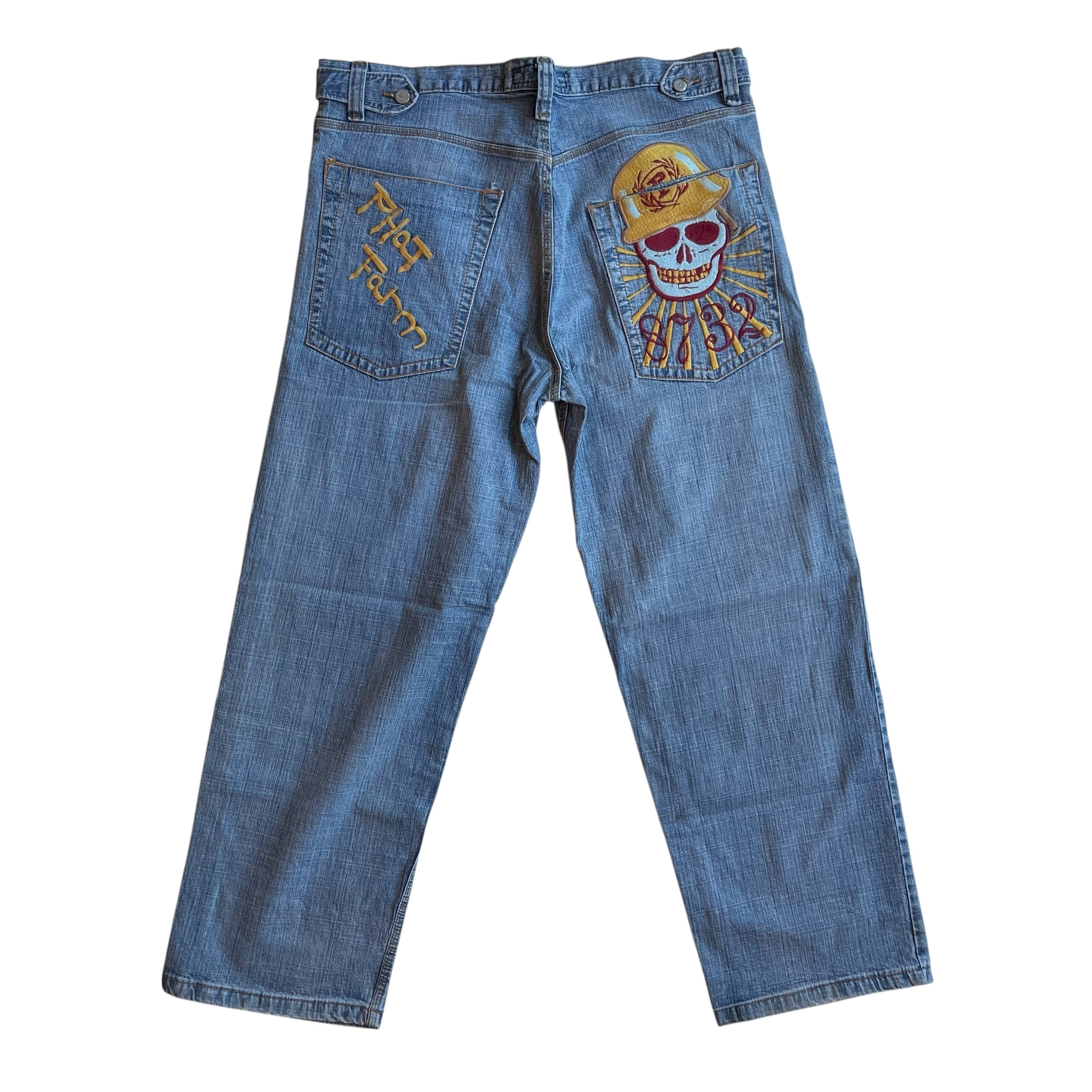 Vintage Y2K Phat Farm Skull Soldier Embroidered Light Wash Jeans