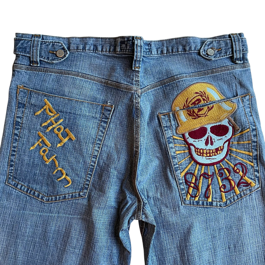 Vintage Y2K Phat Farm Skull Soldier Embroidered Light Wash Jeans