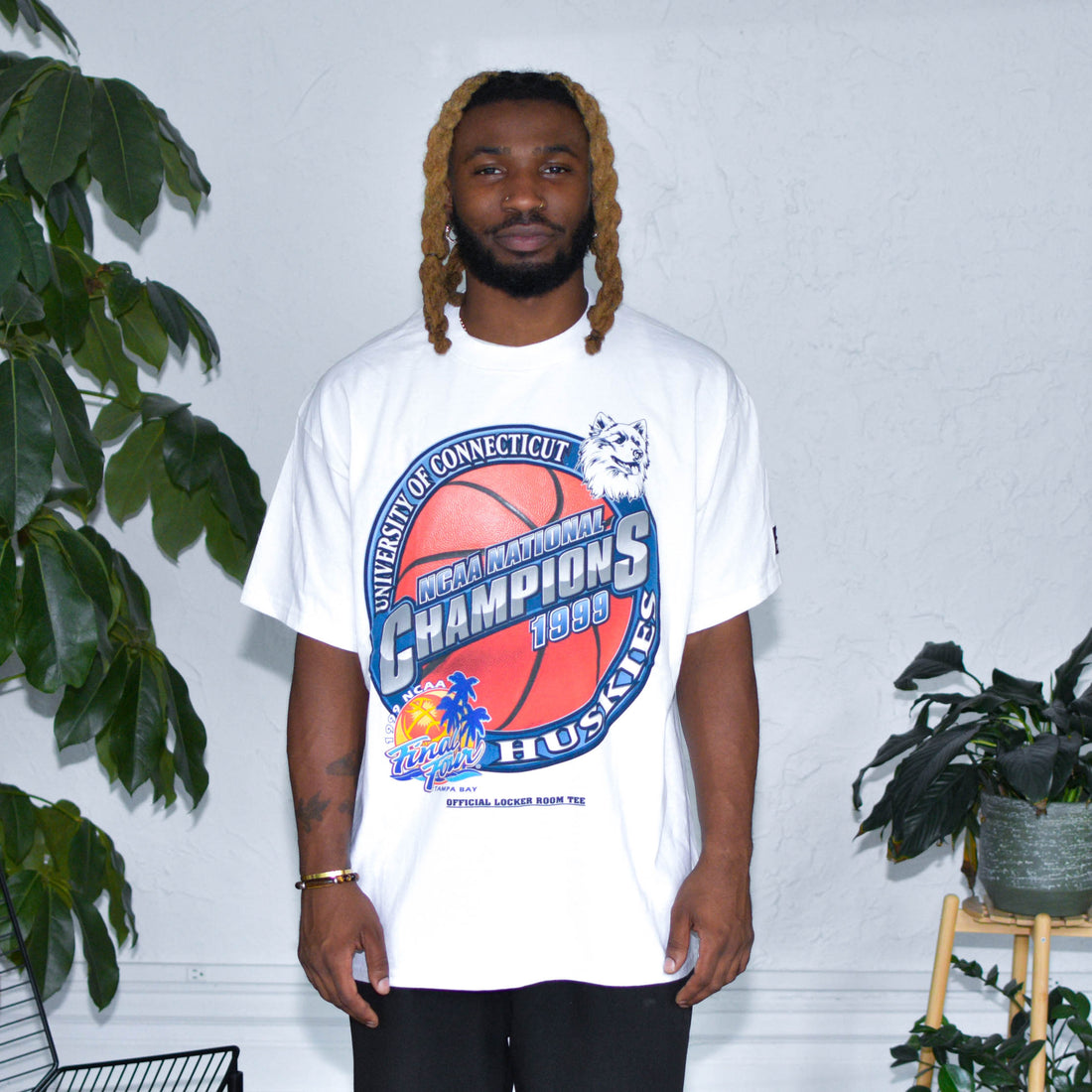 Model wearing vintage 1999 NCAA Final Four Basketball Tournament T-Shirt/
