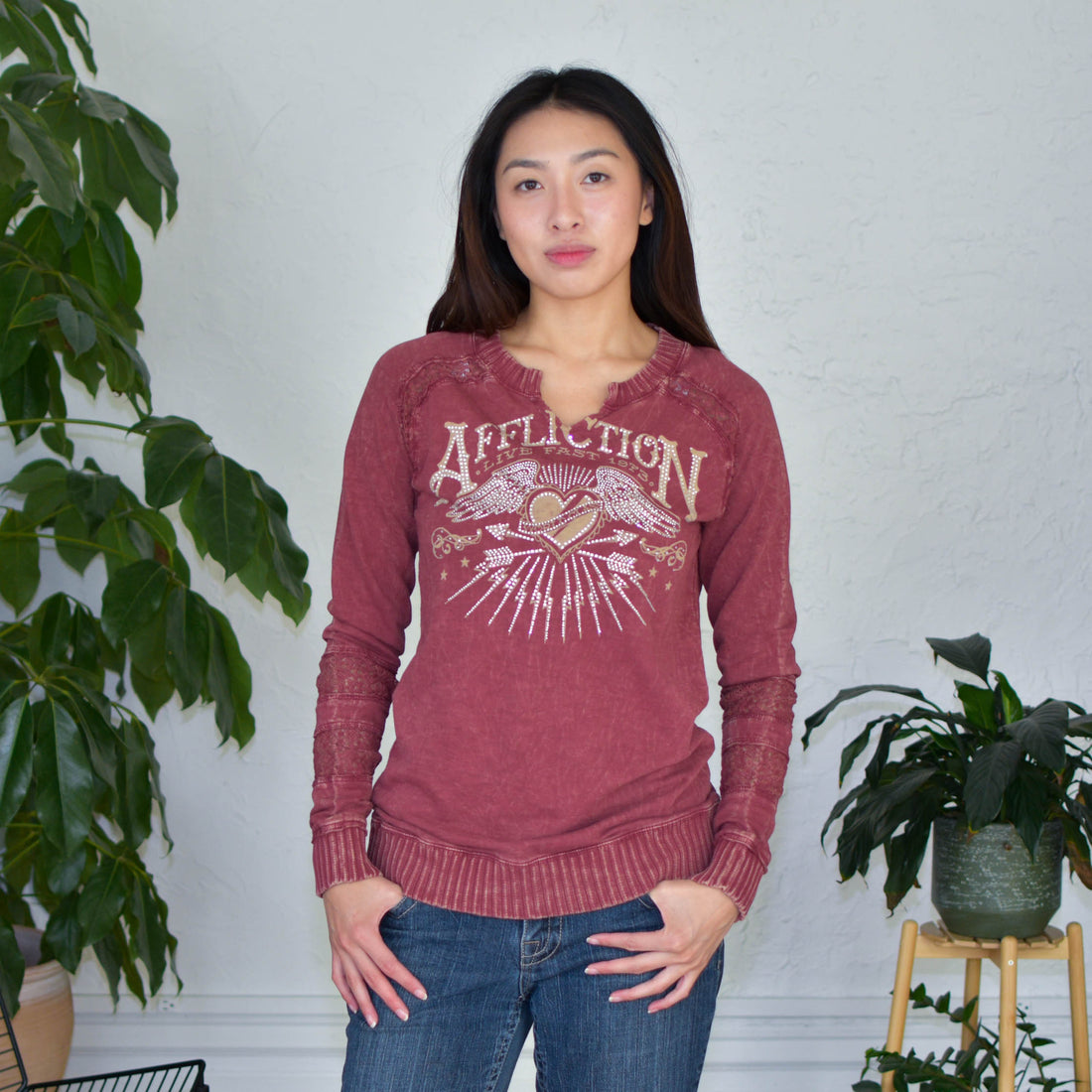 Vintage Affliction Bedazzled Accent Sweatshirt