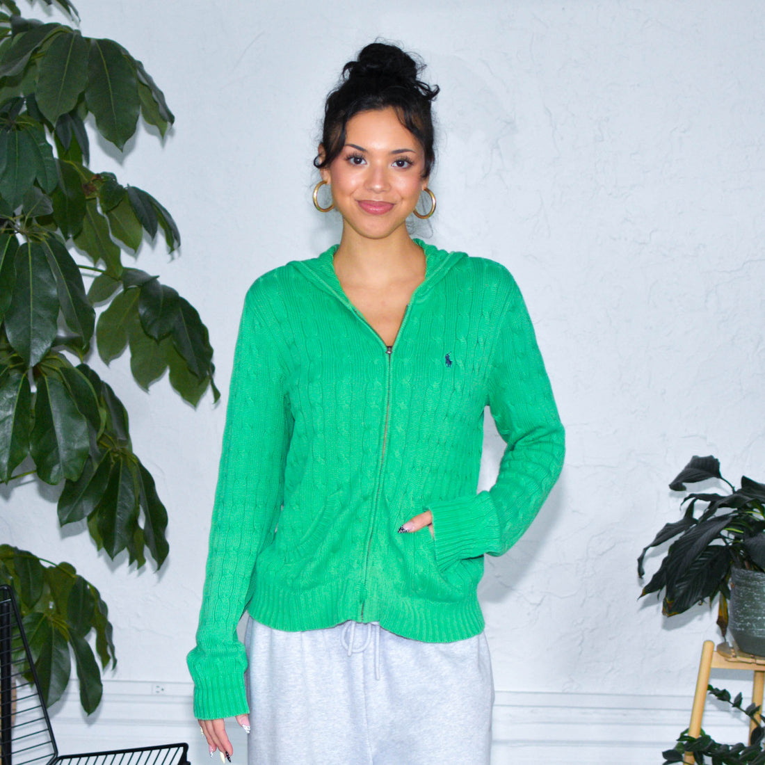 Vintage Green Ralph Lauren Sport Cable Knit Zip-Up Hoodie