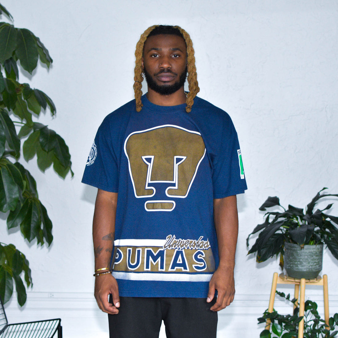 Vintage 90s Pumas UNAM Navy All-Over-Print T-Shirt