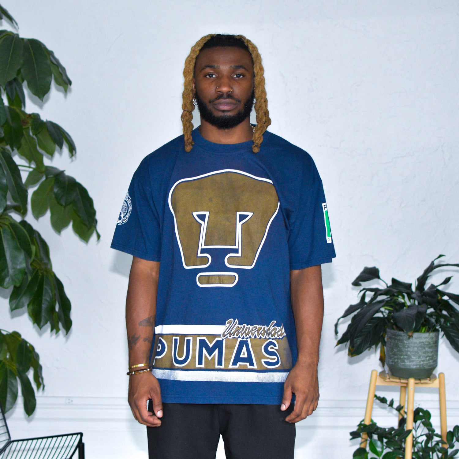 Vintage 90s Pumas UNAM Navy All-Over-Print T-Shirt