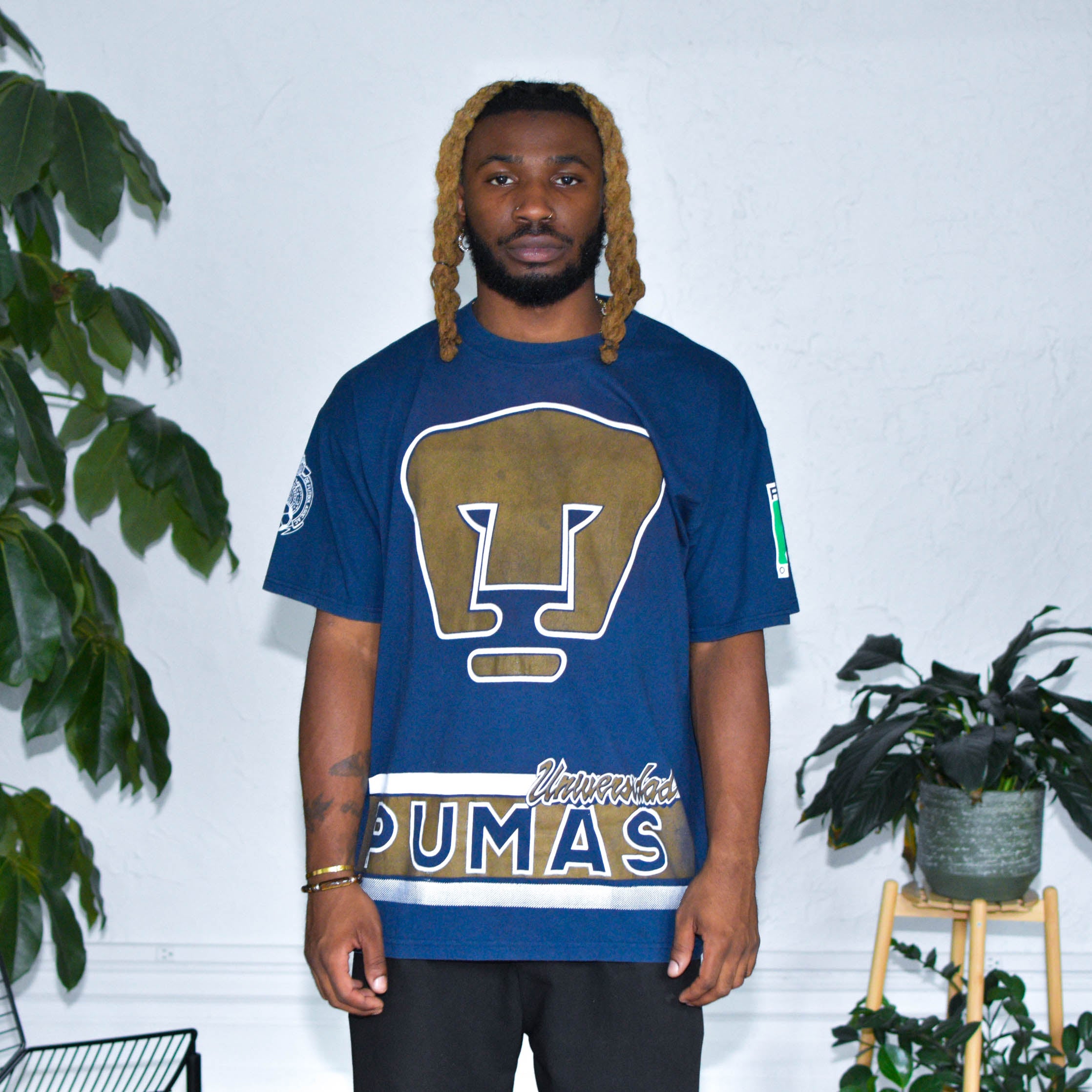 Vintage 90s Pumas UNAM Navy All-Over-Print T-Shirt