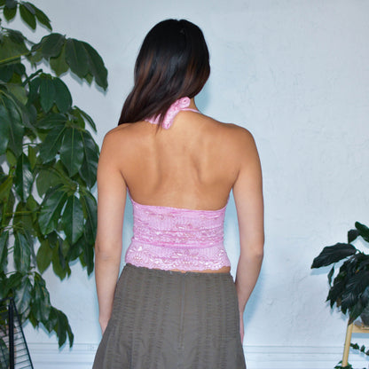 Y2K Pink Lacey Halter Top