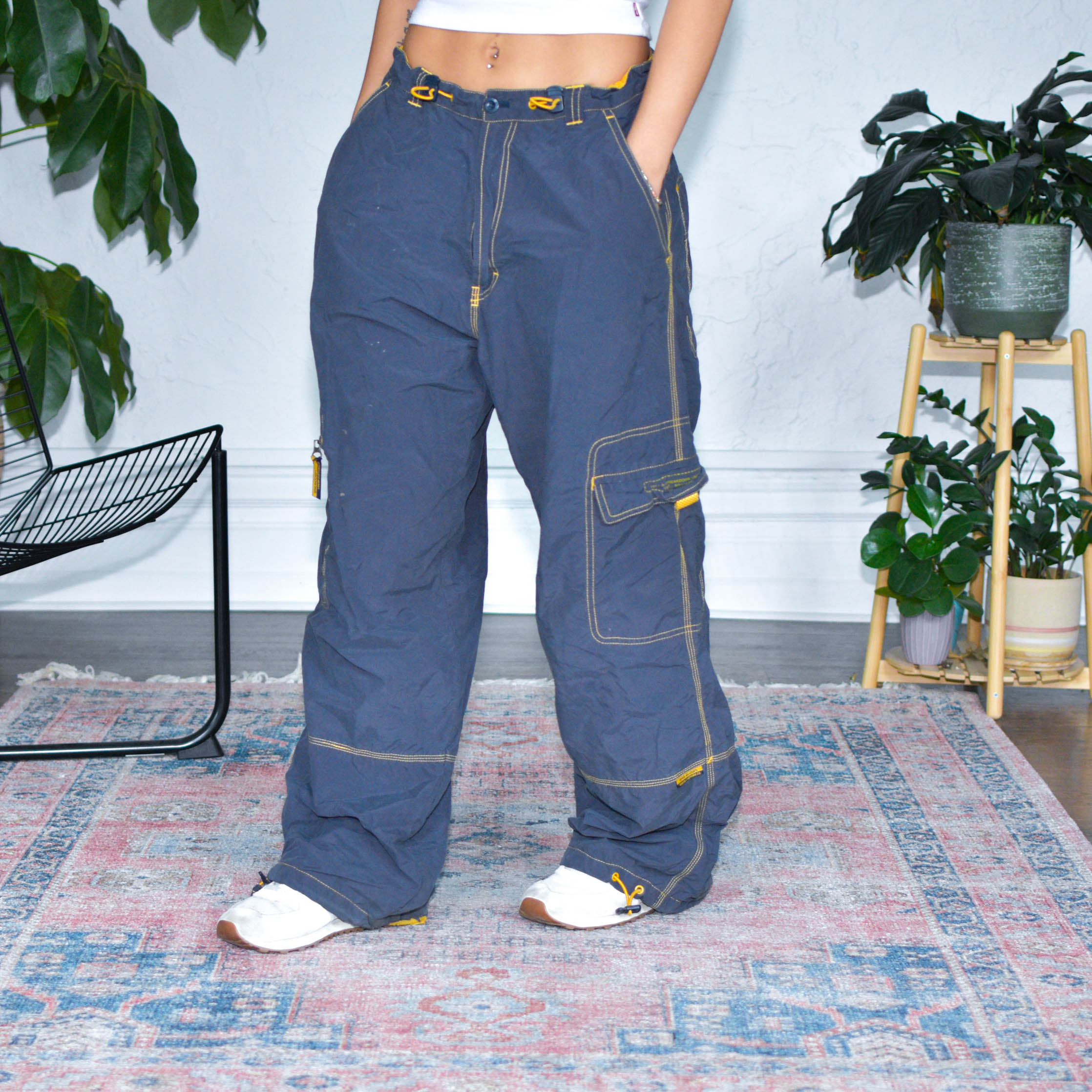 Vintage Y2K Breakdown Navy and Yellow Nylon Cargo Pants