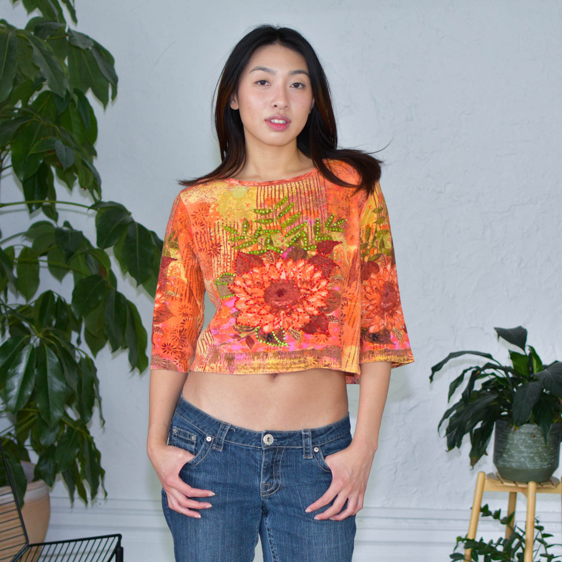 Vintage Y2k Take Two Bedazzled Accent Floral Top
